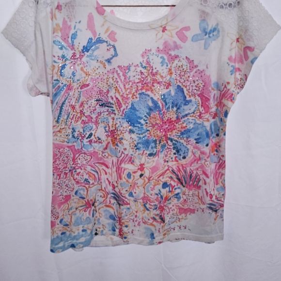 Oasis Tops - Oasis Pink and Blue Floral Short Sleeve Top